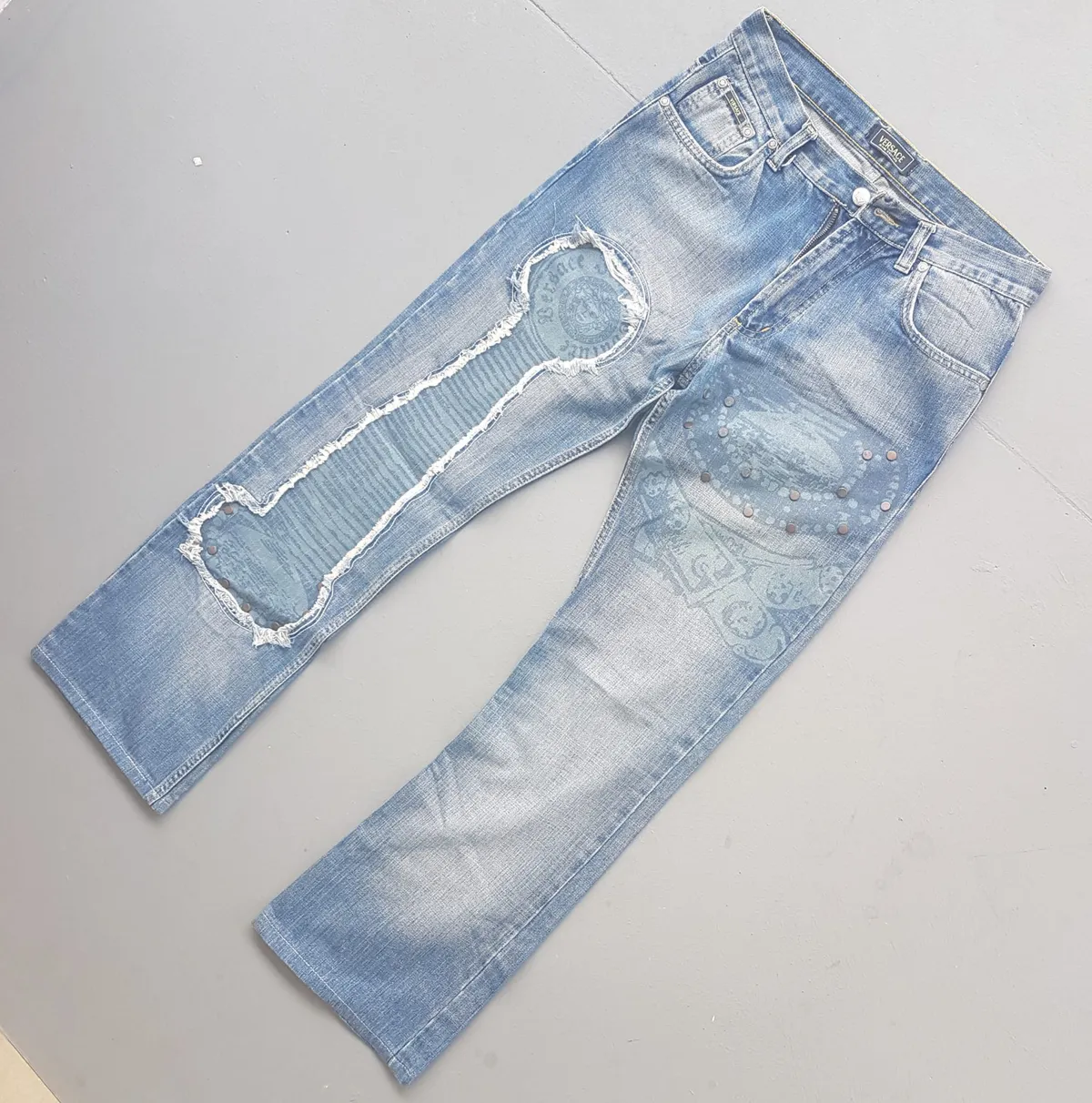 Versace Retro VERSACE Couture Denim Jeans, Made in ITALY, Haute Couture, Exquisite Patchwork, Medusa Logo, Bootcut Jeans, Gianni Versace Flare Bottoms, Luxury Living, ITALIAN Designer Wear, Distressed Look, Nostalgic, Vintage Pants, Timeless Classic - Photo 6