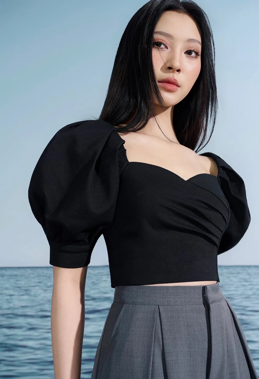 Chello  Chello Hana Puff Sleeves Sweetheart Cropped Top in Classic Black