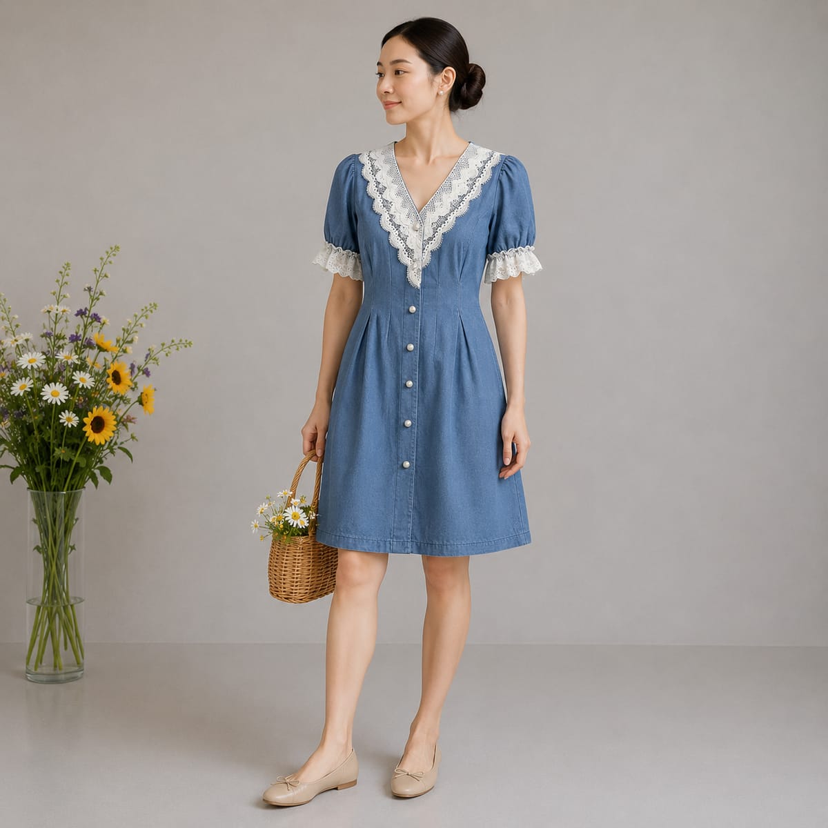 Blue Denim Dress with White Lace Trim