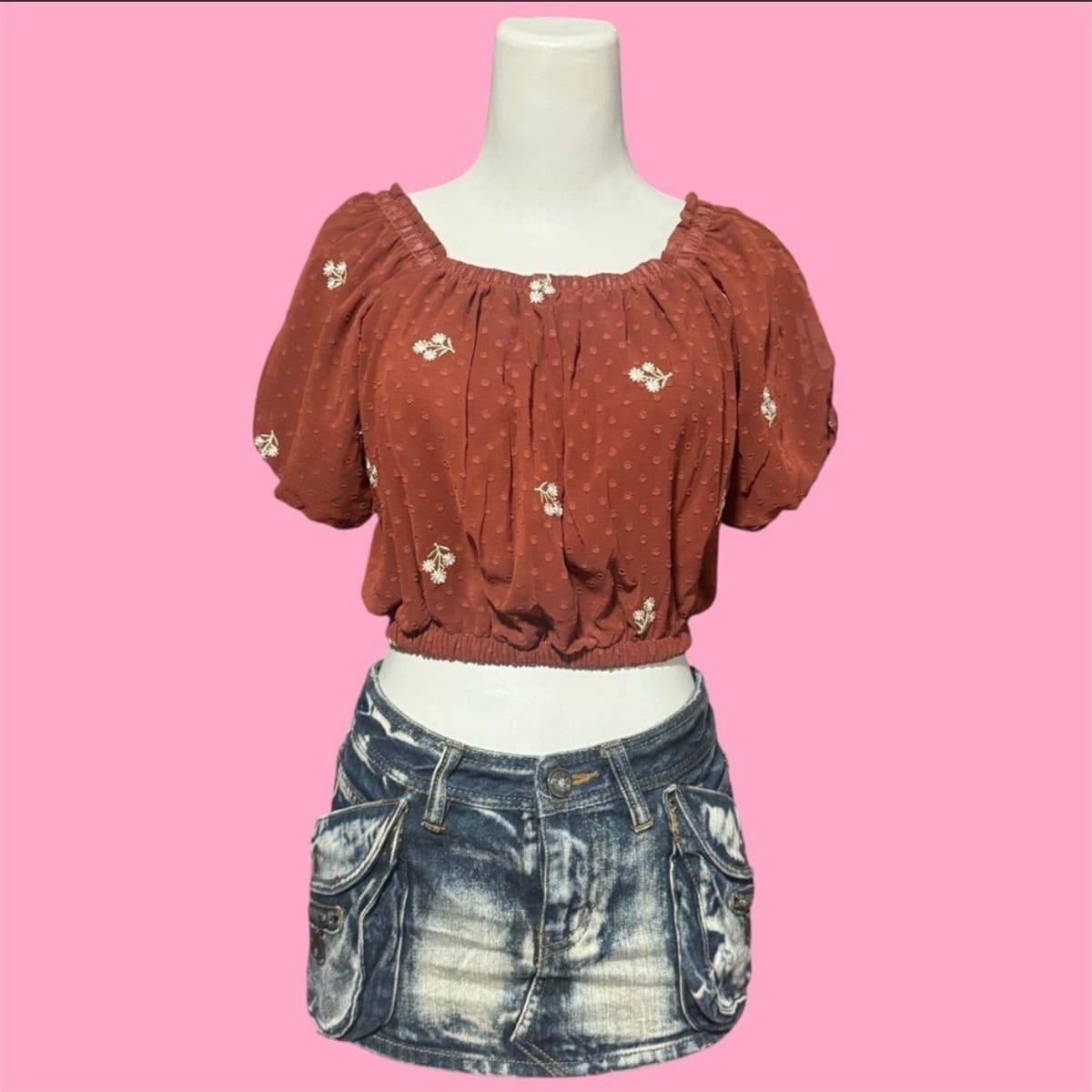Rust Floral Puff Sleeve Crop Top