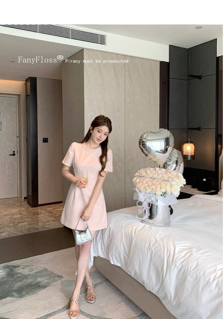 Fanyfloss French Slimming Party Short Dress Elegant Pearl-Accented Pink Mini Dress - Photo 3