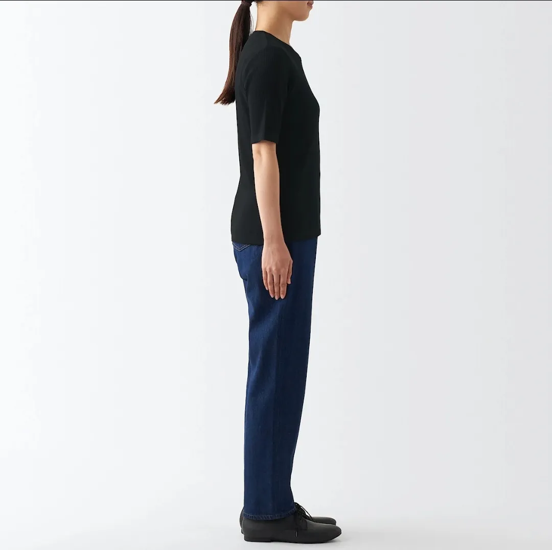Muji Muji Female Stretch Ribbed Half Sleeve Round Neck Cotton T-shirt Shirt Top (Size S) - Photo 3