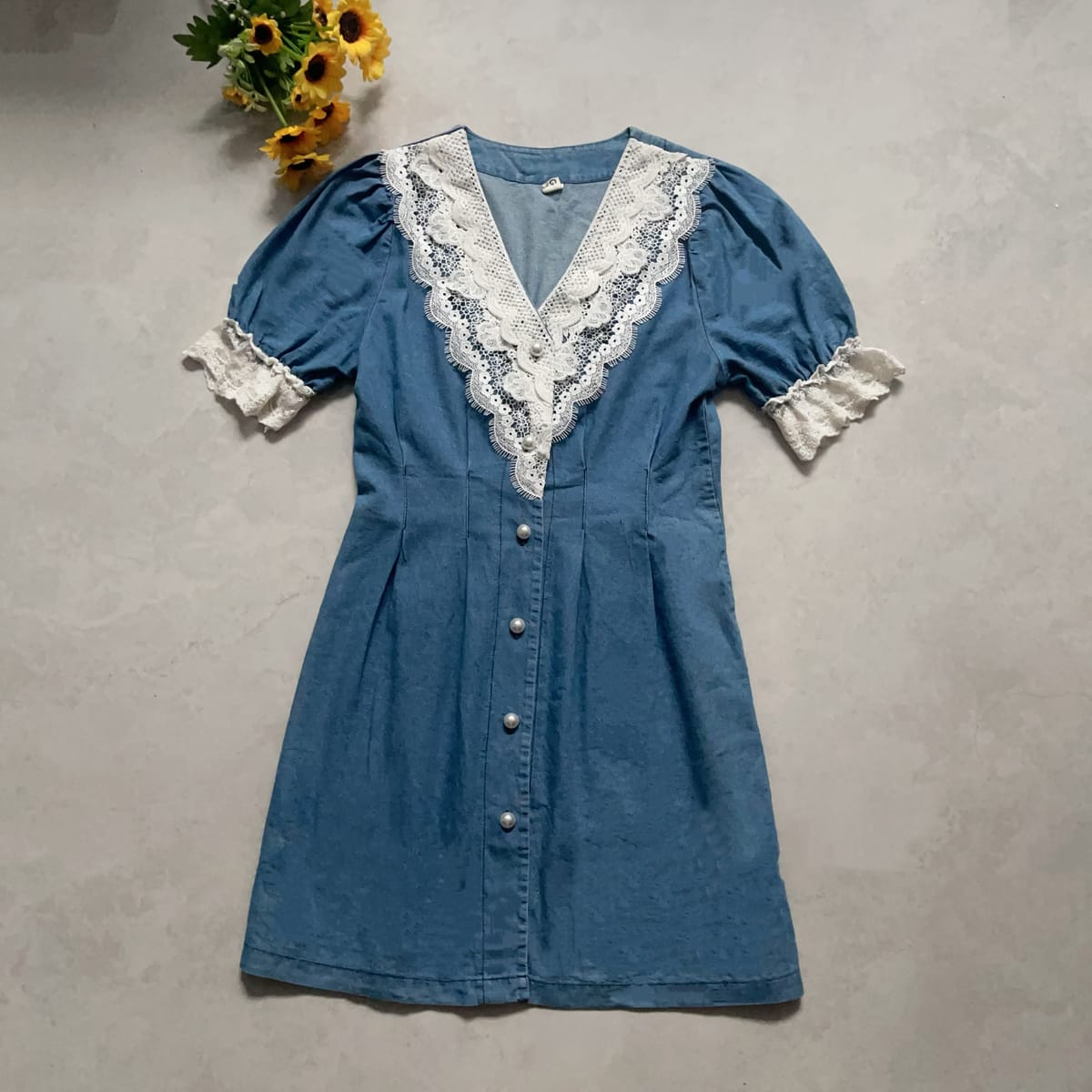 Blue Denim Dress with White Lace Trim - Photo 2