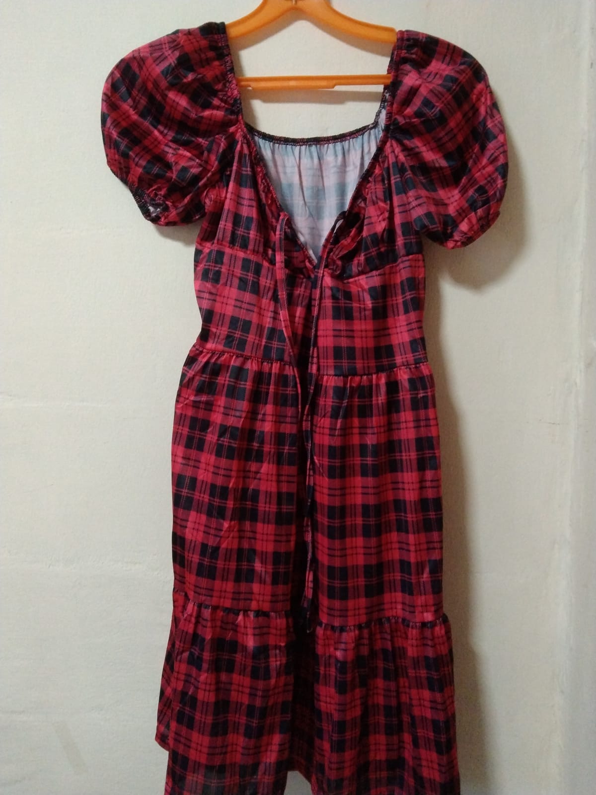 Plaid Puff-Sleeve Midi Dress