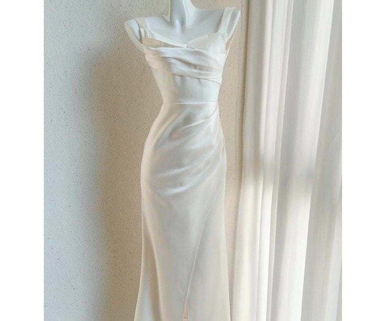 White Spaghetti Strap Dress, Waist-Cinching, Elegant, Long Gown - Photo 2