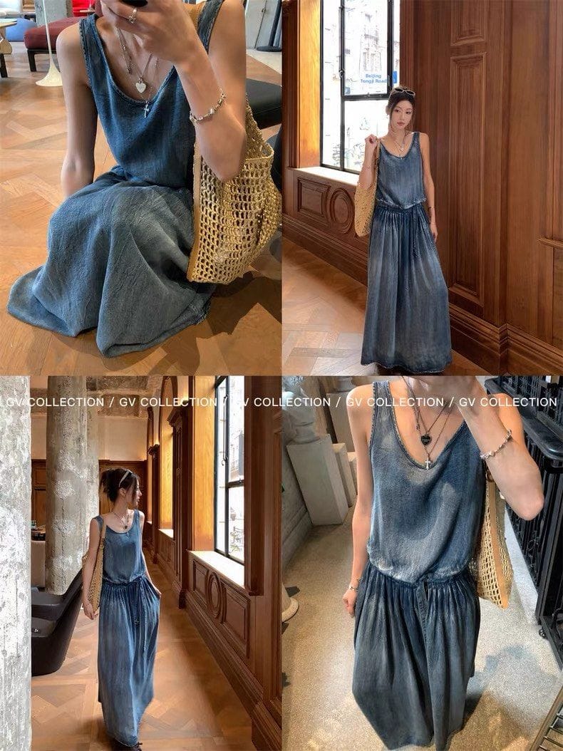 GV Collection Tencel Denim Cotton Belted Vest Dress Ruched A-Line Long Skirt for Women - Photo 8