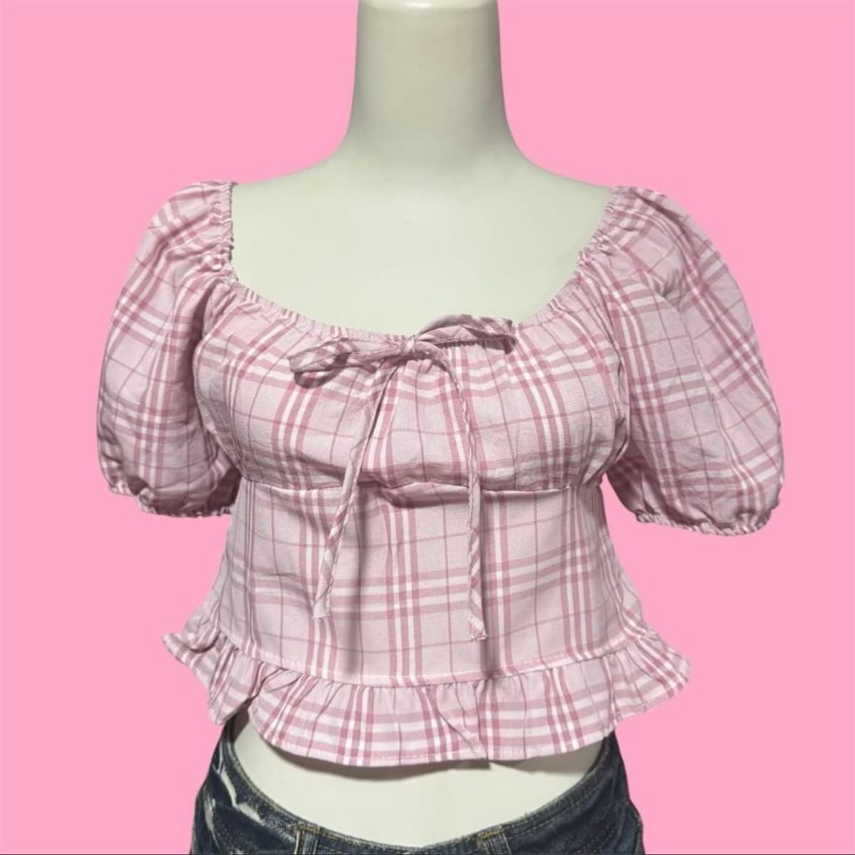 Pink Plaid Milkmaid Babydoll Top - So Cute! - Photo 2