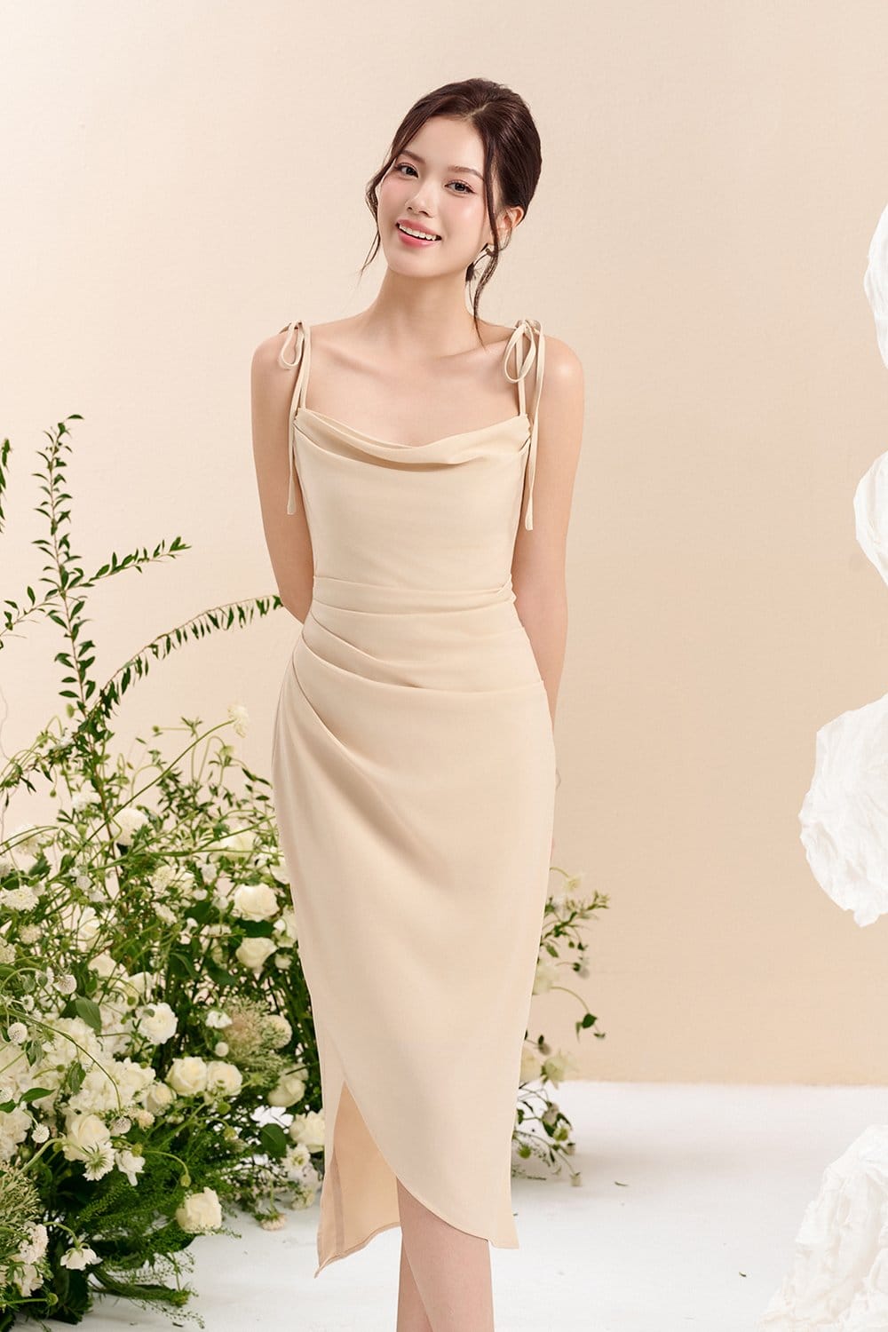 Chello Adelaide Cowl Neck Slip Midi Dress in Champagne Glow - Photo 3