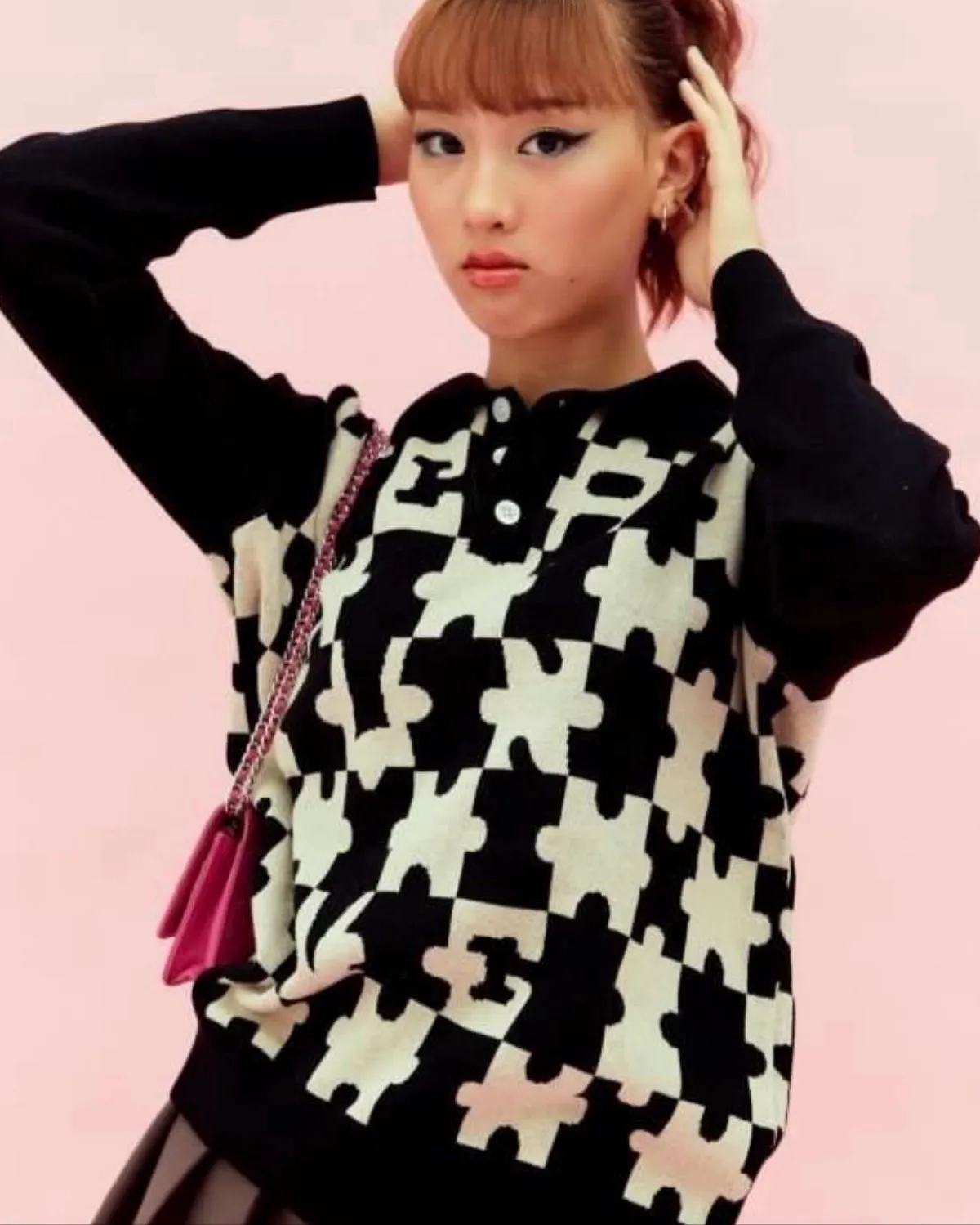 Vintage Puzzle Pattern Knit Polo Sweater - Photo 2