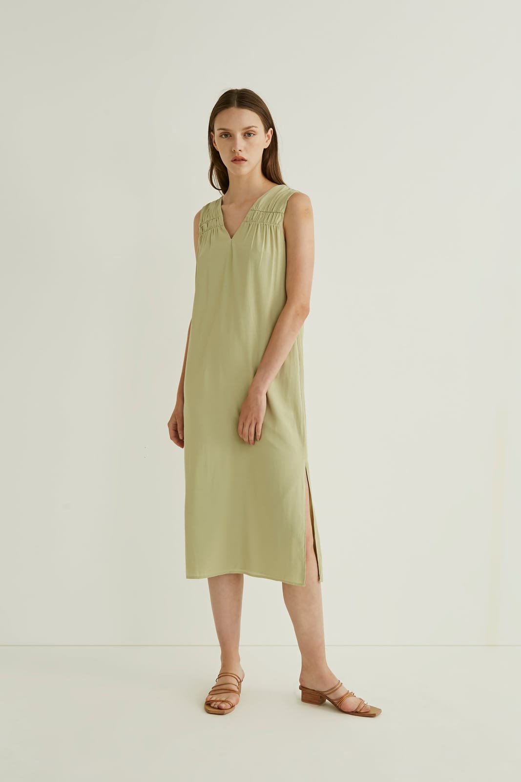 Our Second Nature OSN Gathered V-Neck Midi Dress