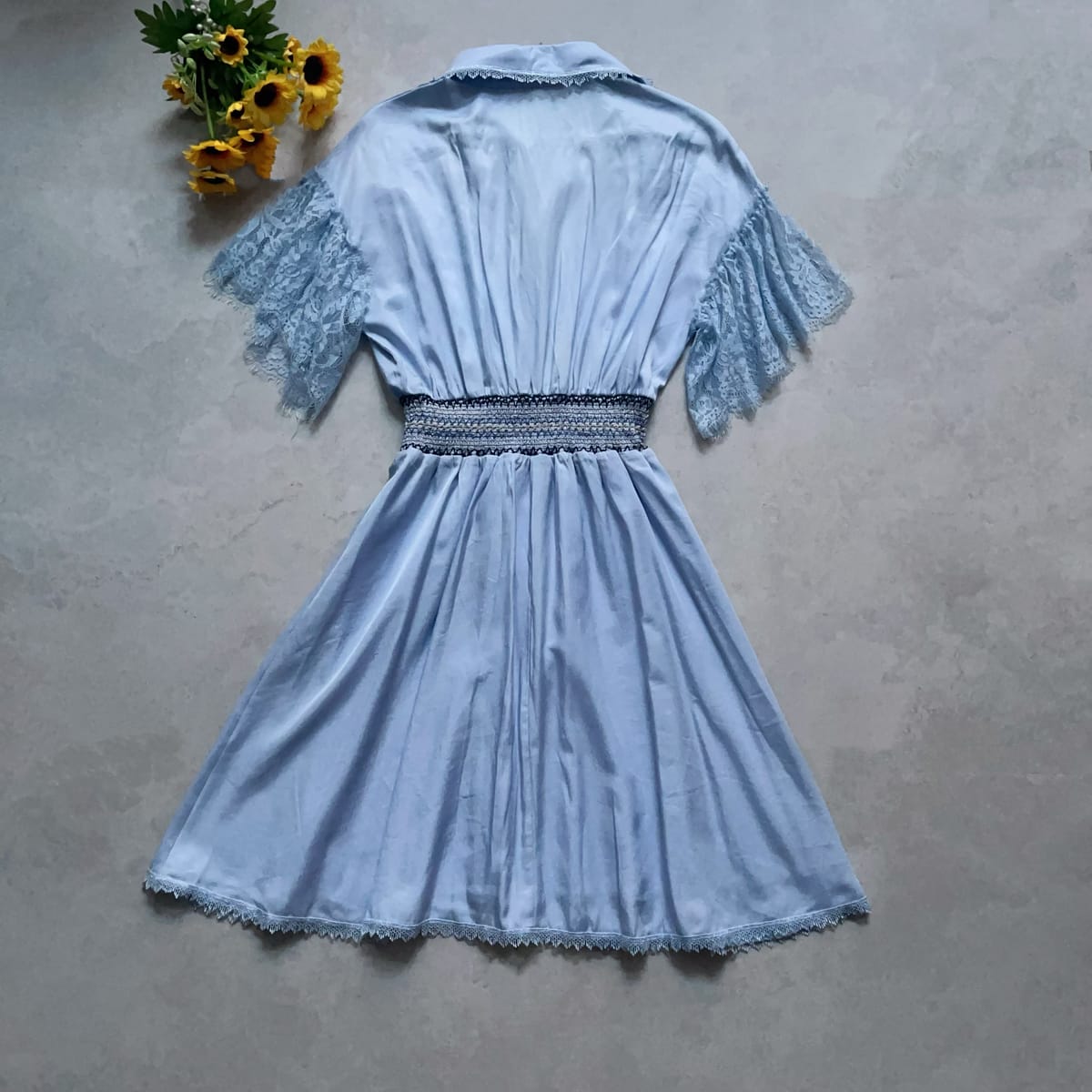 Light Blue Lace Sleeve Floral Embellished Shirt Dress - Photo 7