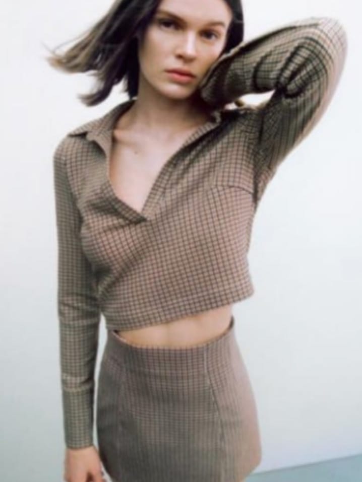 ZARA Brown/Ecru Check Crop Top (M)