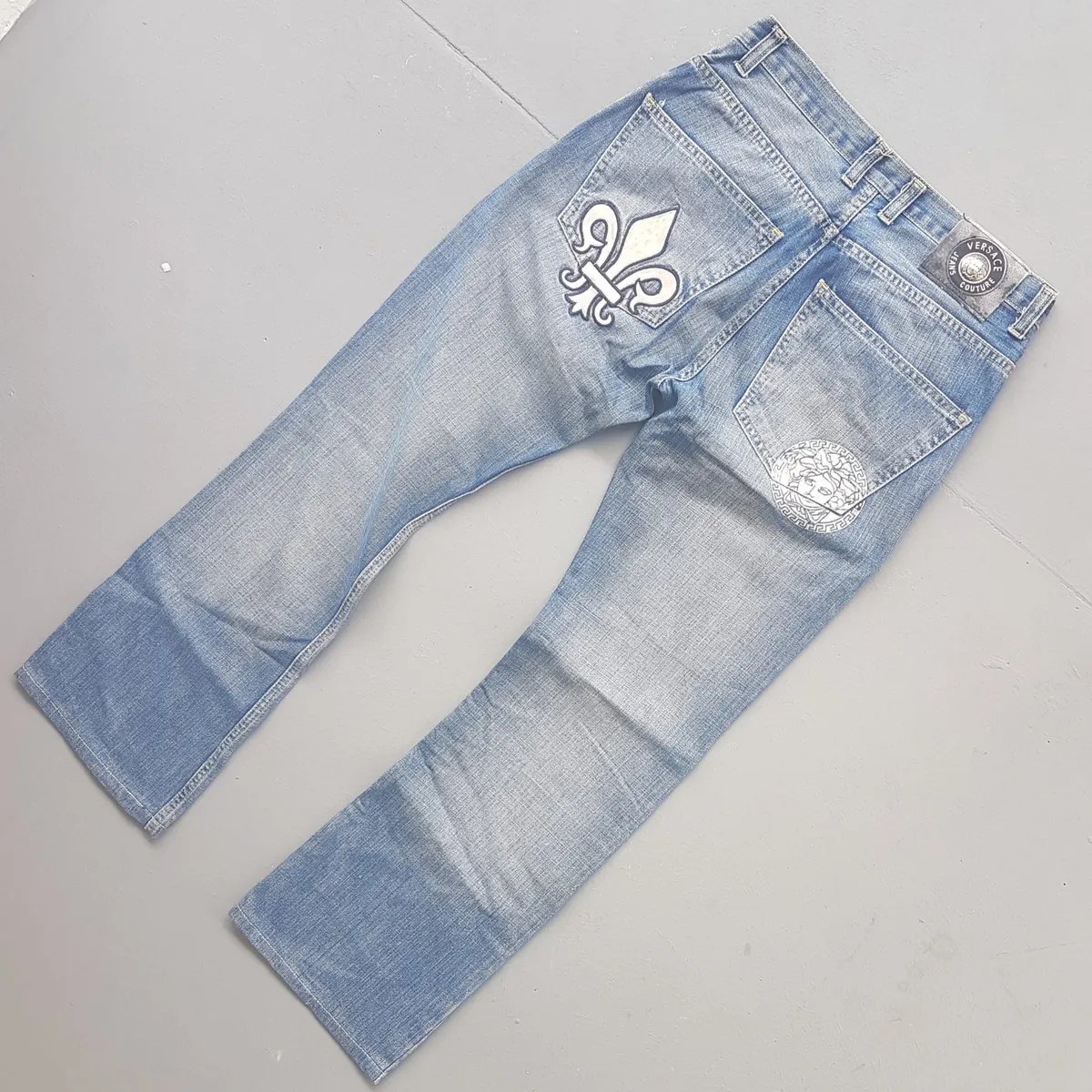 Versace Retro VERSACE Couture Denim Jeans, Made in ITALY, Haute Couture, Exquisite Patchwork, Medusa Logo, Bootcut Jeans, Gianni Versace Flare Bottoms, Luxury Living, ITALIAN Designer Wear, Distressed Look, Nostalgic, Vintage Pants, Timeless Classic - Photo 8