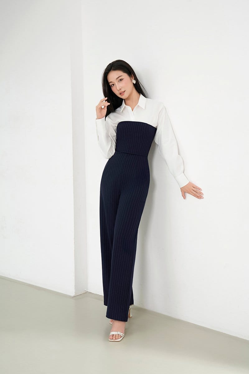 Chello Seulgi Padded Pinstripe 2-way Jumpsuit (Navy)