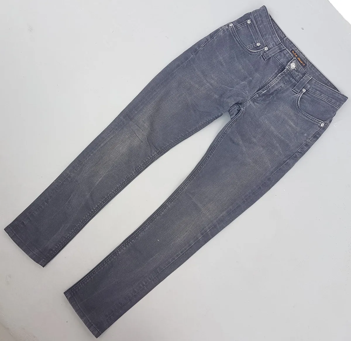 Original NUDIES Denim Jeans, Black Work Pants, Size 28, Cool Bottoms, Organic Model, made with Love, Straight Cut, Skinny, Urban Style, Elegant, Cosmopolitan, Stylish Trousers, Sophistication, Streetwise, Pop Culture, Timeless Appeal, Everyday Fashion
