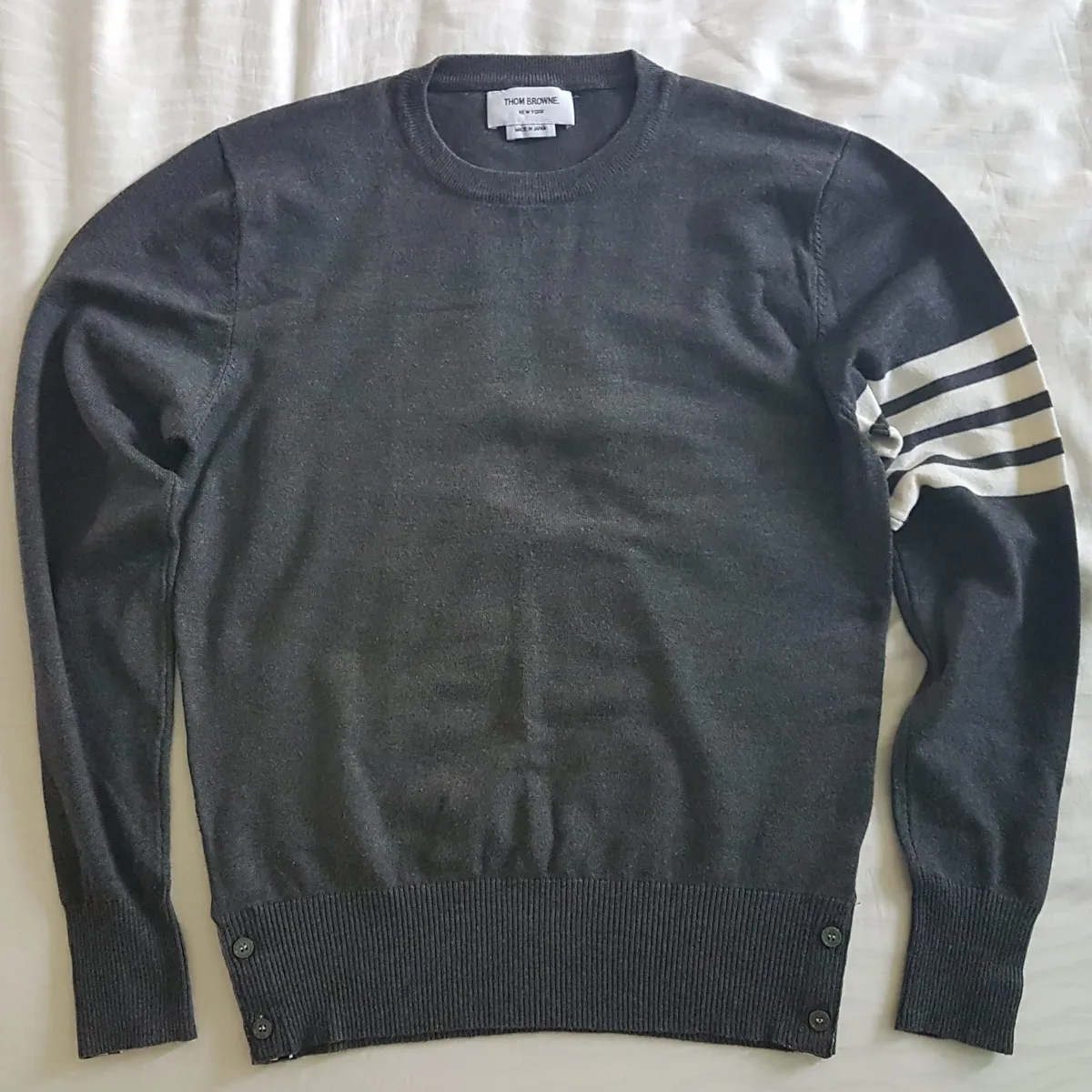 Thom Browne Thom Browne New York Cashmere Jumper, Dark Gray Sweater, Made in JAPAN, Signature 4-Bar White Stripes, Red, White & Red Loop Tab, Luxury Living, Cosmopolitan, Cool Pullover, Timeless Appeal, Urban Style, Sophistication, Travel Essentials, Pop Culture
