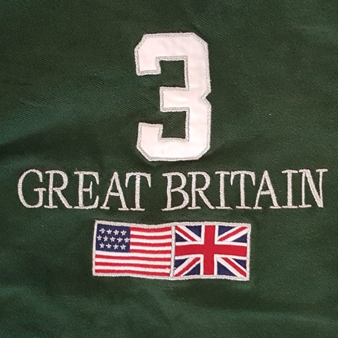 Vintage POLO by Ralph Lauren Designer Apparel, SMALL, Retro GREAT BRITAIN Flag, Green Top, Number 3, Cosmopolitan, Sleek 2 Buttons Polo Shirt, Number 3 on Shoulder Sleeve, Great Britain Flag on Back, Luxury Lifestyle, Timeless Classic - Photo 7