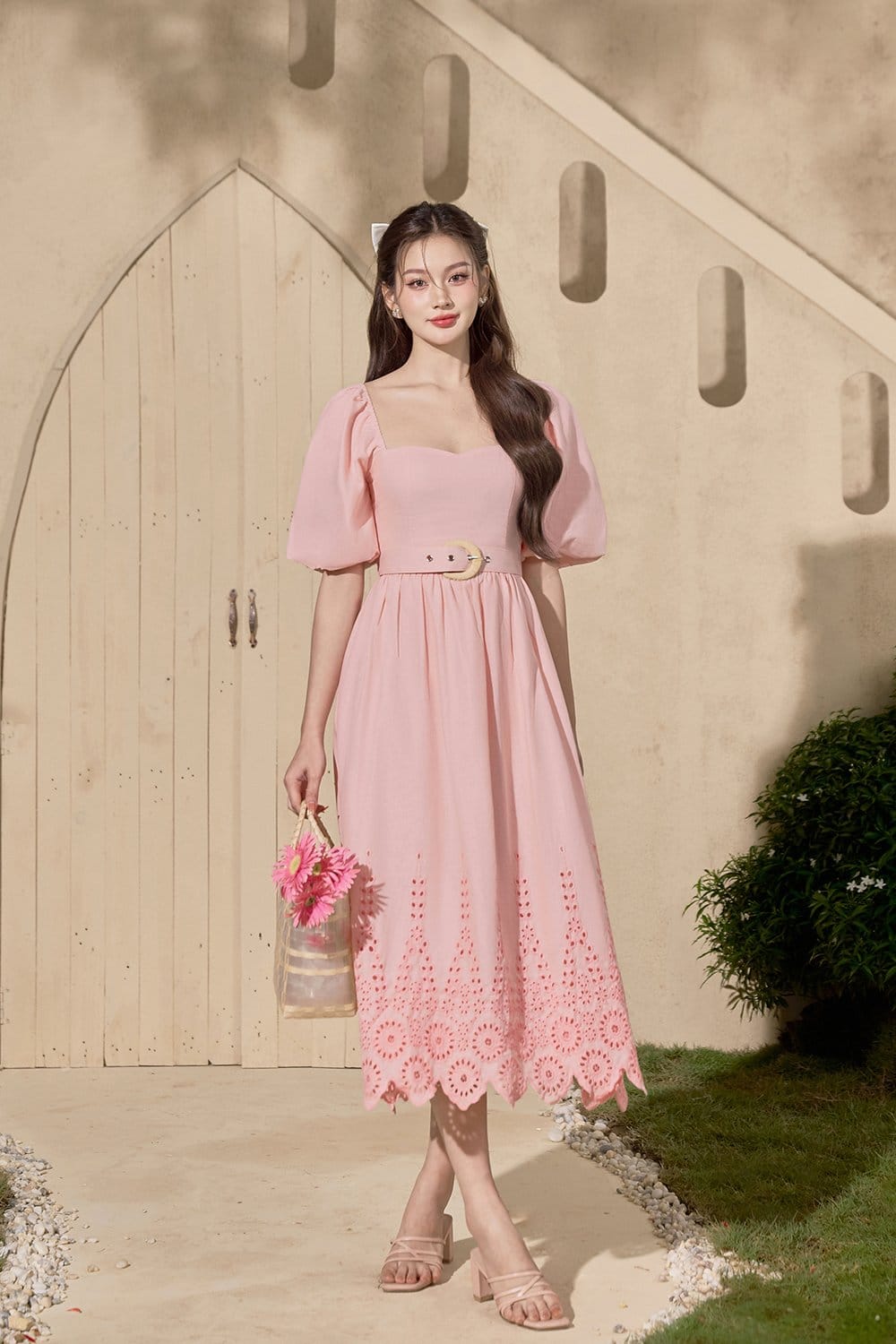 Chello Chello Madison Belted Puff Sleeves Broderie Anglaise Midi Dress - Photo 2