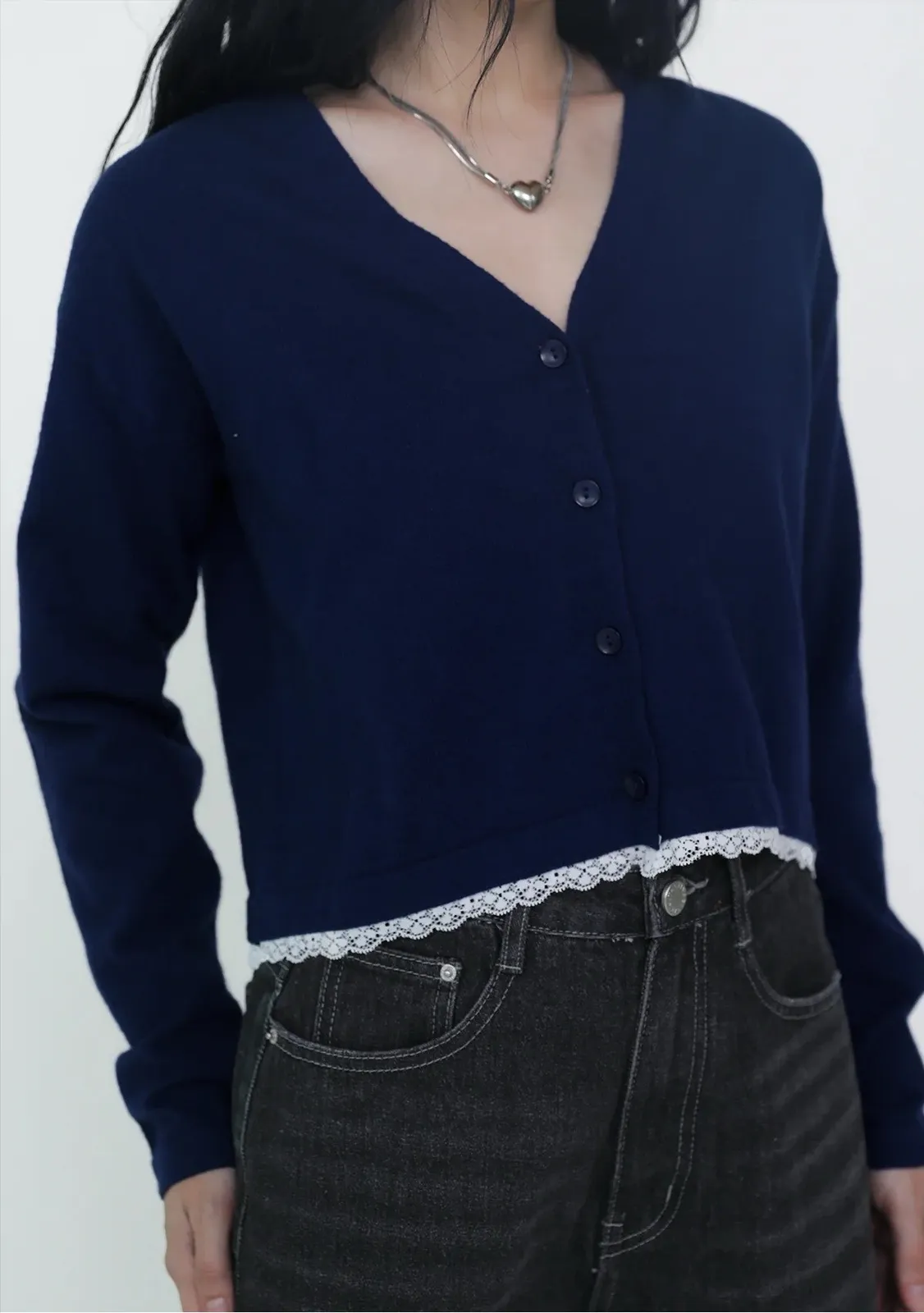 Umi Lace Trim Cardigan in Navy